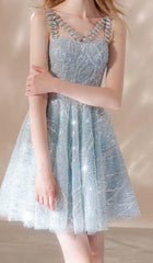 RHINESTONE STRAP HEM DRESS IN BLUE