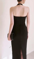 FEATHER RHINESTONES BODYCON MIDI DRESS IN BLACK