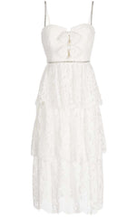 FRONT BOW TIERED MIDI DRESS IN WHITE