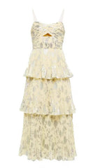 JACQUARD TIERED MIDI DRESS IN GRAY