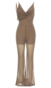 COWL-NECK SEQUIN JUMPSUIT IN KHAKI