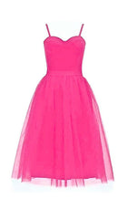 PLEATS SPAGHETTI STRAPS MIDI DRESS IN HOT PINK