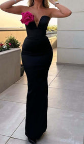 APPLIQUÉD BANDEAU MAXI DRESS IN BLACK