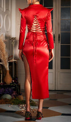 CORSET PLUNGE JACKET DRESS IN RED