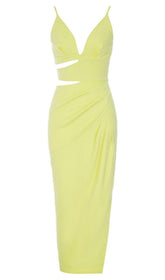 SATIN CUT OUT V NECK MIDI DRESS IN YELLOW