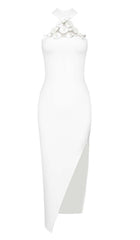 FLOWER-EMBELLISHED MIDI DRESS IN WHITE