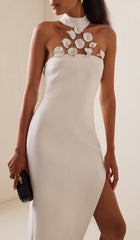 FLOWER-EMBELLISHED MIDI DRESS IN WHITE