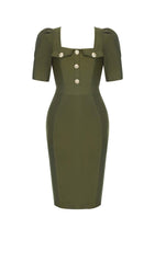 SQUARE COLLAR BUTTON MIDI DRESS IN OLIVE GREEN