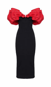 RUFFLED PENCIL MIDI DRESS IN BLACK