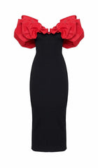 RUFFLED PENCIL MIDI DRESS IN BLACK