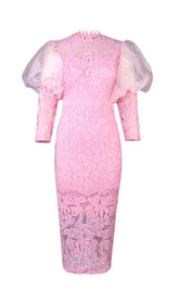 PINK PUFF SLEEVE LACE MIDI DRESS