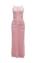 PINK SUSPENDER BACKLESS VELVET PLEATED HIP DRESS
