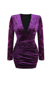PURPLE V NECK RUCHED VELVET MINI DRESS