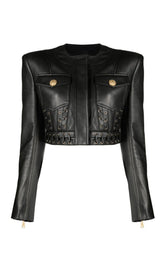 ROUND NECK HEAVY DUTY ROPE SHORT LEATHER JACKET SUIT