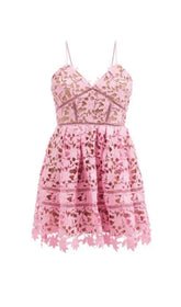 FLORAL SPAGHETTI STRAP GUIPURE LACE MINI DRESS IN PINK