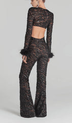 BLACK SEXY BACKLESS SEQUINED FEATHER JUMPSUIT