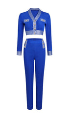 V-NECK BANDAGE TWO-PIECE SUITS IN BLUE