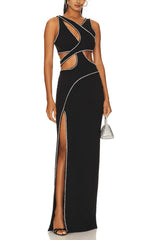 PEARL EMBELLISHED JERSEY MAXI DRESS IN BLCAK