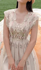 PEARL-EMBELLISHED SLEEVELESS FLORAL MIDI DRESS