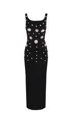 BROOCH-EMBELLISHED SCOOPNECK GOWN IN BLACK