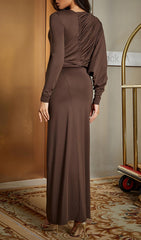 V-NECK BROWN MAXI BODYCON DRESS