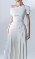 WHITE FEATHER PLEATED TWO PIECES SUIT