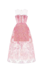 PINK FLORAL LACE EMBROIDER MIDI DRESS