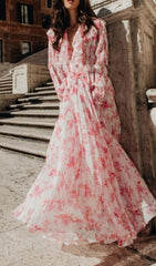 RUFFLED FLORAL-PRINT PLISSÉ-CHIFFON MAXI DRESS
