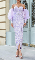 LAVENDER PUFF LONG SLEEVE FLORAL MAXI DRESS