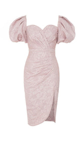 PUFF SLEEVE SPLIT MIDI DRESS IN PINK