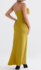 CHARTREUSE STRAPPY FEATHER-TRIM MAXI DRESS