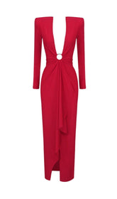 RED PLUNGE-NECK DRAPED GOWN
