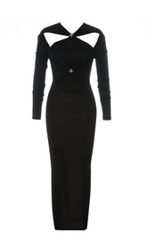 BLACK LEAKY SHOULDER CROSS-LACE-UP SLIM-FIT DRESS