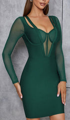 PERSPECTIVE GAUZE FISH BONE DRESS IN DARK GREEN