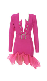 BANDAGE V NECK BELT MINI DRESS IN PINK