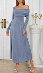 GREY-BLUE OFF SHOULDER MIDI DRESS