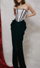 BANDEAU LACE STITCHED DRESS IN BLACK