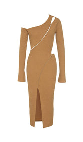 STRETCH JACQUARD ONE SHOULDER LONG SLEEVES MIDI DRESS IN KUMQUAT