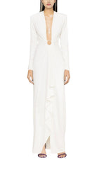 WHITE PLUNGE-NECK DRAPED GOWN