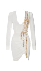 CHAIN KNITTED TIGHT MINI DRESS IN WHITE