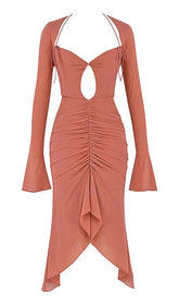 REAL SILK RUFFLE MIDI DRESS IN PINK