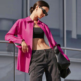 Minimalist Faux Leather Button Up Long Sleeve Pointed Collar Shirt - Hot Pink