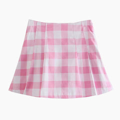 Sweet Plaid Print Long Sleeve Blazer and Pleated Mini Skirt Matching Set - Pink