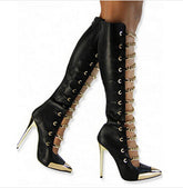 Gold Chain Metal Heel Knee High Boots