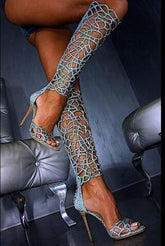 Blue Filigree Cut-out Knee High Sandals