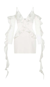 RUFFLED LACE MINI DRESS IN WHITE