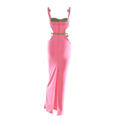 Contrast Color Shells Sleeveless Cutout Prom Maxi Dress - Pink