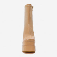 Solid Color Patent Leather Chunky High Heel Platform Ankle Boots - Apricot