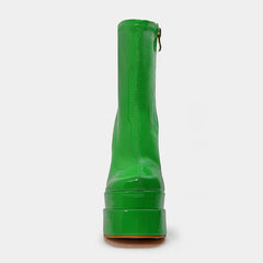 Solid Color Patent Leather Chunky High Heel Platform Ankle Boots - Green