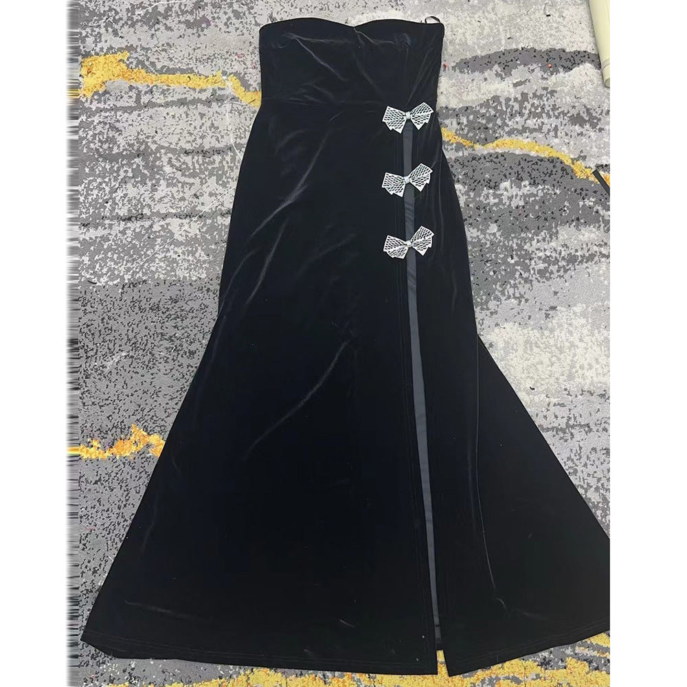 BOW HIGH SPLIT VELVET STRAPLESS DRESS
